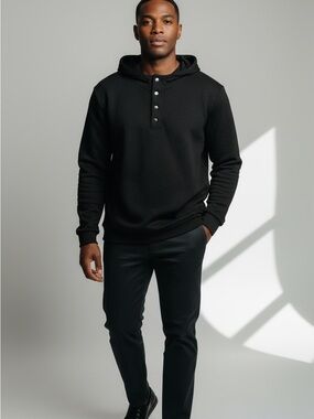 Men's Black Hooded Henley Sweatshirt - Snap-Button Pullover